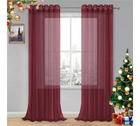 DWCN Sheer Curtains, Faux Linen Grommet Window Curtain Voile Sheer Drapes for Living Room Bedroom Thanksgiving Day & Christmas Decor Set of 2 Panels 70 x 95 Inch Long, Burgundy Red