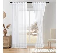DWCN White Sheer Curtains, Faux Linen Look Semi Transparent Voile Rod Pocket & Back Tab Solid Lightweight & Airy Gauzy Curtains & Drapes for Living Room Drapes W70 x L90 Inch Long, Set of 2 Panels