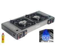 DWD® Premium Double Camping Gas Stove 5KW For Butane Gas or LPG Gas Source Connector Supplied EN417 Compliant Automatic Ignition & Heat Control Enamel Pan Supports, Grey Double Cooker Portable