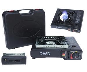 DWD® Premium Gas Stove 2.5KW With Windshield - Butane or LPG Compatible, EN417 Compliant With Automatic Ignition, Heat Control and Enamel Pan Support in Black