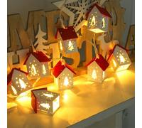 DWE Christmas Lights, 6.56 FT 10 LED Wooden House Christmas String Lights Battery Operated Xmas Tree Decorations Lights for Xmas Tree Window Wall Home Garden Outdoor Indoor Party Decor (White)
