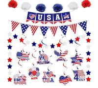 DWEARTY 4th of July Patriotic Banner with Red White Blue Stars Garland, 9 Independence Day Hanging Swirls, and 6 Paper Honeycomb - Fourth of July Banner for Party, Office, Home, and Indoor