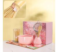 DWEHIXBUY Handcrafted Matcha Bowl Set 8pc - Japanese Style Ceramic Chawan Tea Cups with Floral Art & Wavy Rim | Complete Matcha Tea Ceremony Kit in Premium Gift Box (pink)