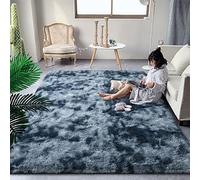 DweIke Fluffy Blue Grey Rugs for Bedroom Living Room, 8x10 Large Soft Plush Shaggy Tie-Dyed Navy Blue Gray Girls Boys Kids Rug, Upgraded Non-Slip and Machine Washable Carpet for Dorm Nursery Decor