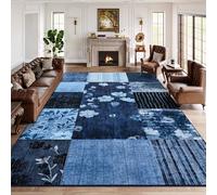 DweIke Modern Washable Area Rugs 8x10 for Living Room, Non-Slip and Stain Resistant Low Pile Floral Rugs for Bedroom, Large Soft Rubber Backed Carpets for Dining Office Home Decor, Navy Blue