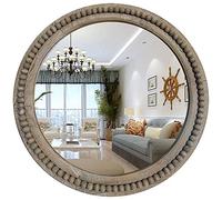 dwellington Rustic Round 24 Inch Wood Wall Circle Mirror with Beads, Decorative Farmhouse Mirror for Living Room, Bedroom, Kitchen, Entryway (Natural)