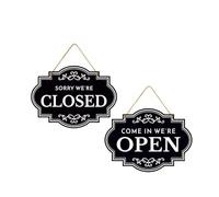 DWENT Open Closed Sign for Shops - Double-Sided 11x8 Inch MDF Business Sign with Rope, Customisable Vintage Design for Storefronts, Cafes & Retail (Black/White) DWENT Open Closed billboard for Shops