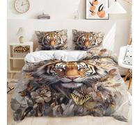 Dwetcxo Double Duvet Set Brown Tiger Flower Duvet Cover Sets Soft Microfiber Duvet Sets Double Bed Easy Care Bedding Double Bed Set with Zipper Closure Bedding+2 Pillowcases 50x75cm 200x200cm