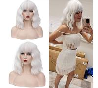 DWMGLP 14 Inch Long White Curly Fiber Wig for Women Girls Heat Resistant Wig Halloween Cosplay Daily Party Cap (White)