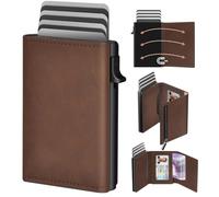 dwnkove Men's Minimalist Wallet, Aluminum Pop-up Card Holder, Slim Leather Wallet with RFID Blocking, 9-14 Card Capacity, ID Window, Cash Slot, Brown