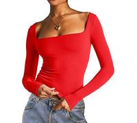 Dwnval Double Lined Square Neck Long Sleeve Shirts for Women - Basic Slim Fit Crop T Shirt, Big Red, S