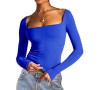 Dwnval Double Lined Square Neck Long Sleeve Shirts for Women - Basic Slim Fit Crop T Shirt, Royal Blue, S