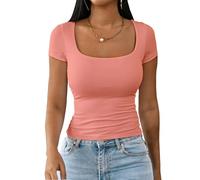 Dwnval Sexy Women's Summer T-Shirt with Square Neckline, Short Sleeves, Double Lined, Slim Fit, S