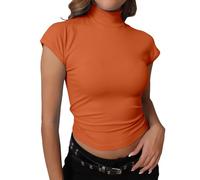 Dwnval Womens Fashion Mock Turtle Neck Cap Sleeve Shirts Slim Fit Ribbed Knited Tops 2026 Summer, Orange, M