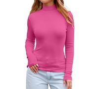 Dwnval Womens Long Sleeve T Shirts - Casual Mock Turtle Neck Stretchy Slim Fitted Knit Going Out Tops, Hot Pink, L