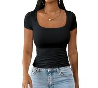 Dwnval Womens Sexy Short Sleeve Square Neck Tops Double Lined Basic Slim Fit Crop T Shirt 2025 Summer, 2# Black, L