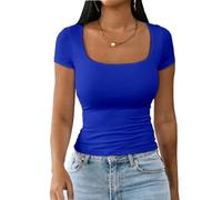 Dwnval Womens Sexy Short Sleeve Square Neck Tops Double Lined Basic Slim Fit Crop T Shirt 2025 Summer, 2# Royal Blue, M