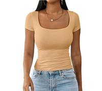 Dwnval Womens Sexy Short Sleeve Square Neck Tops Double Lined Basic Slim Fit Crop T Shirt 2025 Summer, 2# Khaki, XL