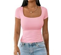 Dwnval Womens Sexy Short Sleeve Square Neck Tops Double Lined Basic Slim Fit Crop T Shirt 2025 Summer, 2# Light Pink, S