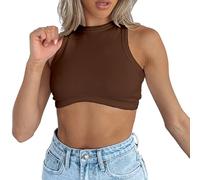 Dwnval Womens Summer Halter Tops Cutout Sleeveless Crewneck Racerback Ribbed Knitted Crop Tank Top, Brown, Large