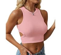 Dwnval Womens Summer Halter Tops Cutout Sleeveless Crewneck Racerback Ribbed Knitted Crop Tank Top, Pink, L
