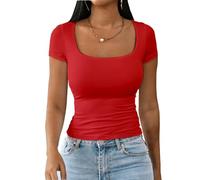 Dwnval Womens Summer Sexy Square Neck Tops Double Lined Short Sleeve Shirts Slim Fit Crop Top, 2# Big Red, M