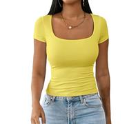 Dwnval Womens Summer Sexy Square Neck Tops Double Lined Short Sleeve Shirts Slim Fit Crop Top, 2# Bright Yellow, M