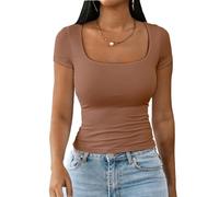 Dwnval Womens Summer Sexy Square Neck Tops Double Lined Short Sleeve Shirts Slim Fit Crop Top, 2# Brown, XL