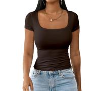 Dwnval Womens Summer Sexy Square Neck Tops Double Lined Short Sleeve Shirts Slim Fit Crop Top, 2# Dark Brown, M