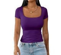 Dwnval Womens Summer Sexy Square Neck Tops Double Lined Short Sleeve Shirts Slim Fit Crop Top, 2# Dark Purple, S