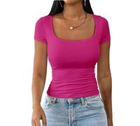 Dwnval Womens Summer Sexy Square Neck Tops Double Lined Short Sleeve Shirts Slim Fit Crop Top, 2# Hot Pink, L