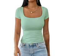 Dwnval Womens Summer Sexy Square Neck Tops Double Lined Short Sleeve Shirts Slim Fit Crop Top, 2# Sage Green, XL