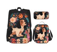 Dwrepo 3PCS Backpack Set with Lunch Bag Pen Box Dachshund Floral Travel Backpack Large Capacity Laptop Backpack for Men Women Casual Daypacks Lunch Box Pen Case 3 in 1 Set, Black, One Size, Travel,