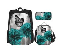 Dwrepo 3PCS Backpack Set with Lunch Bag Pen Box Gray Teal Flower Butterfly Travel Backpack Large Capacity Laptop Backpack for Men Women Casual Daypacks Lunch Box Pen Case 3 in 1 Set, Black, One Size,