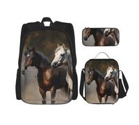 Dwrepo 3PCS Backpack Set with Lunch Bag Pen Box Horses Animals Travel Backpack Large Capacity Laptop Backpack for Men Women Casual Daypacks Lunch Box Pen Case 3 in 1 Set, Black, One Size, Travel,