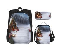 Dwrepo 3PCS Backpack Set with Lunch Bag Pen Box Merry Christmas House Travel Backpack Large Capacity Laptop Backpack for Men Women Casual Daypacks Lunch Box Pen Case 3 in 1 Set, Black, One Size,