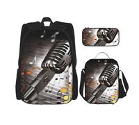 Dwrepo 3PCS Backpack Set with Lunch Bag Pen Box Microphone with Music Notes Travel Backpack Large Capacity Laptop Backpack for Men Women Casual Daypacks Lunch Box Pen Case 3 in 1 Set, Black, One