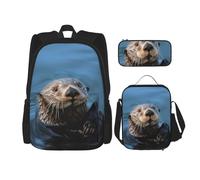 Dwrepo 3PCS Backpack Set with Lunch Bag Pen Box Sea Otter Travel Backpack Large Capacity Laptop Backpack for Men Women Casual Daypacks Lunch Box Pen Case 3 in 1 Set, Black, One Size, Travel Backpacks,