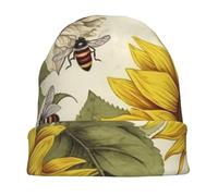 Dwrepo Bees Sunflowers Daisy Rose Flowers Print Beanie Hat Knitted Hat for Women Men Warm Casual Skull Cap for Gifts Adult Travel, Black, One Size