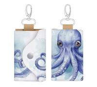 Dwrepo Blue Little Octopus Leather Key Case Key Holder Keychain Card Holder with 6 Hooks Wallet Pouch for Men Women, White, One Size, White, One Size