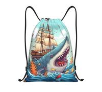 Dwrepo Cartoon Fish Eating Ship in Ocean Sea Print Drawstring Backpack Bags Waterproof Sports Sackpack Cinch Gym Bag for Women Men Medium, Black, Medium, Rucksack Backpacks, Black, M