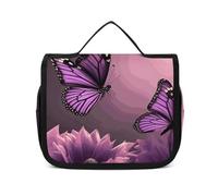 Dwrepo Hanging Toiletry Bag for Women Men Portable Waterproof Makeup Bag Organizer 3D Flowers And Purple Butterfly Travel Toiletry Bag, 3D Flowers and Purple Butterfly, 22.5x18.5cm, Hanging Toiletry,