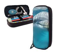 Dwrepo Leather Pencil Case Zipper Pencil Holder Dolphin with a Smile Pencil Bag Cute Pencil Pouch Men Women Makeup Bag, Black, One Size, Large