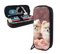 Dwrepo Leather Pencil Case Zipper Pencil Holder Pomeranians Puppies and Point Pencil Bag Cute Pencil Pouch Men Women Makeup Bag, Black, One Size, Large