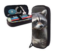 Dwrepo Leather Pencil Case Zipper Pencil Holder Raccoon Pencil Bag Cute Pencil Pouch Men Women Makeup Bag, Black, One Size, Large
