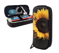 Dwrepo Leather Pencil Case Zipper Pencil Holder Sunflower on Black Background Pencil Bag Cute Pencil Pouch Men Women Makeup Bag, Black, One Size, Large
