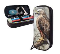 Dwrepo Leather Pencil Case Zipper Pencil Holder Watercolor of Hawk Sitting in The Tree Pencil Bag Cute Pencil Pouch Men Women Makeup Bag, Black, One Size, Large