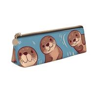Dwrepo Leather Pencil Pouch for Women Men Pencil Bag with Zipper Portable Pencil Case Animal Cute Brown Otters Pen Bag Small Makeup Bag Coin Pouch for Work Office Supplies