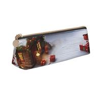 Dwrepo Leather Pencil Pouch for Women Men Pencil Bag with Zipper Portable Pencil Case Merry Christmas House Pen Bag Small Makeup Bag Coin Pouch for Work Office Supplies