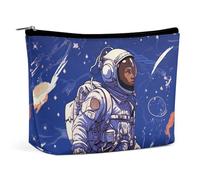 Dwrepo Makeup Bag Large Capacity Travel Makeup Bag PU Leather Cosmetic Bag for Women Black Astronaut on Blue Toiletry Bag Portable Zipper Makeup Organizer, white, One size, white, One size